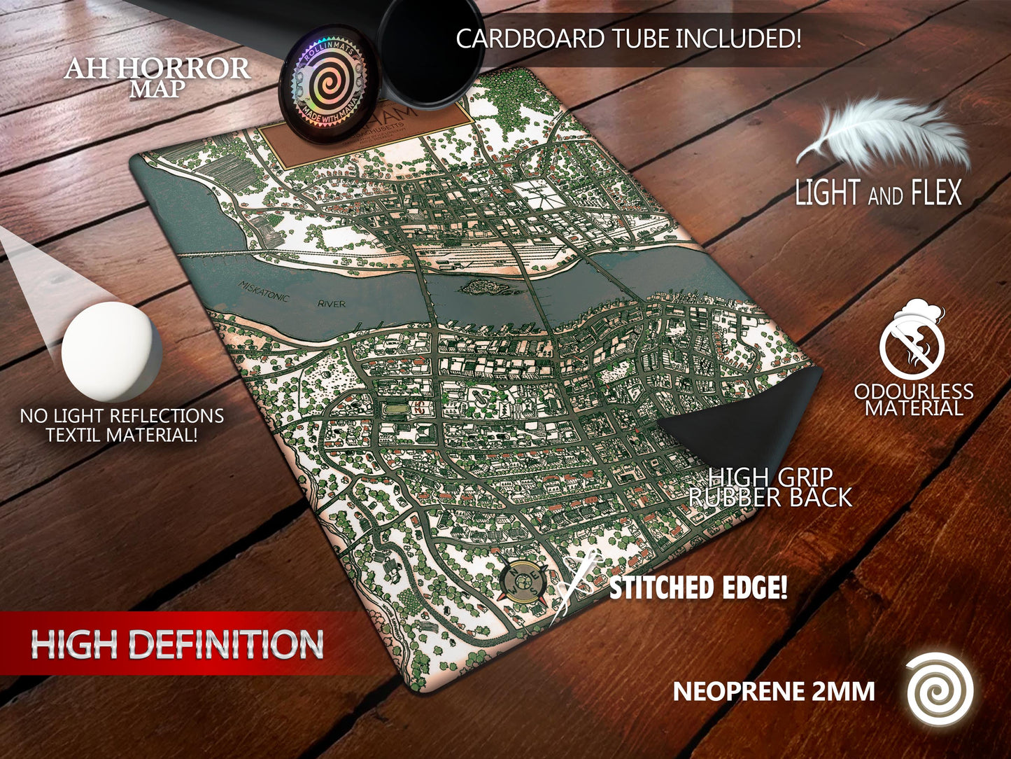 Arkham Map Playmat – for Lovecraftian Lovers/ Board Games (Arkham Horror, LCG, Mansions of Madness, Call of Cthulhu, Cthulhu: Death May Die)