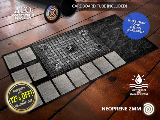 Aeon Trespass: Odyssey Game Mat enhances gameplay with a waterproof, stain-resistant neoprene surface. It keeps miniatures, tokens, and cards organized, ensuring smooth gameplay.