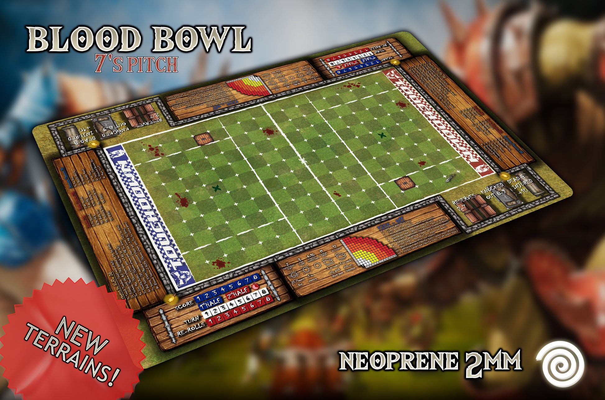 Gamemat para el juego Blood Bowl, 7&#39;s pitch, casillas de hasta 34 milímetros.